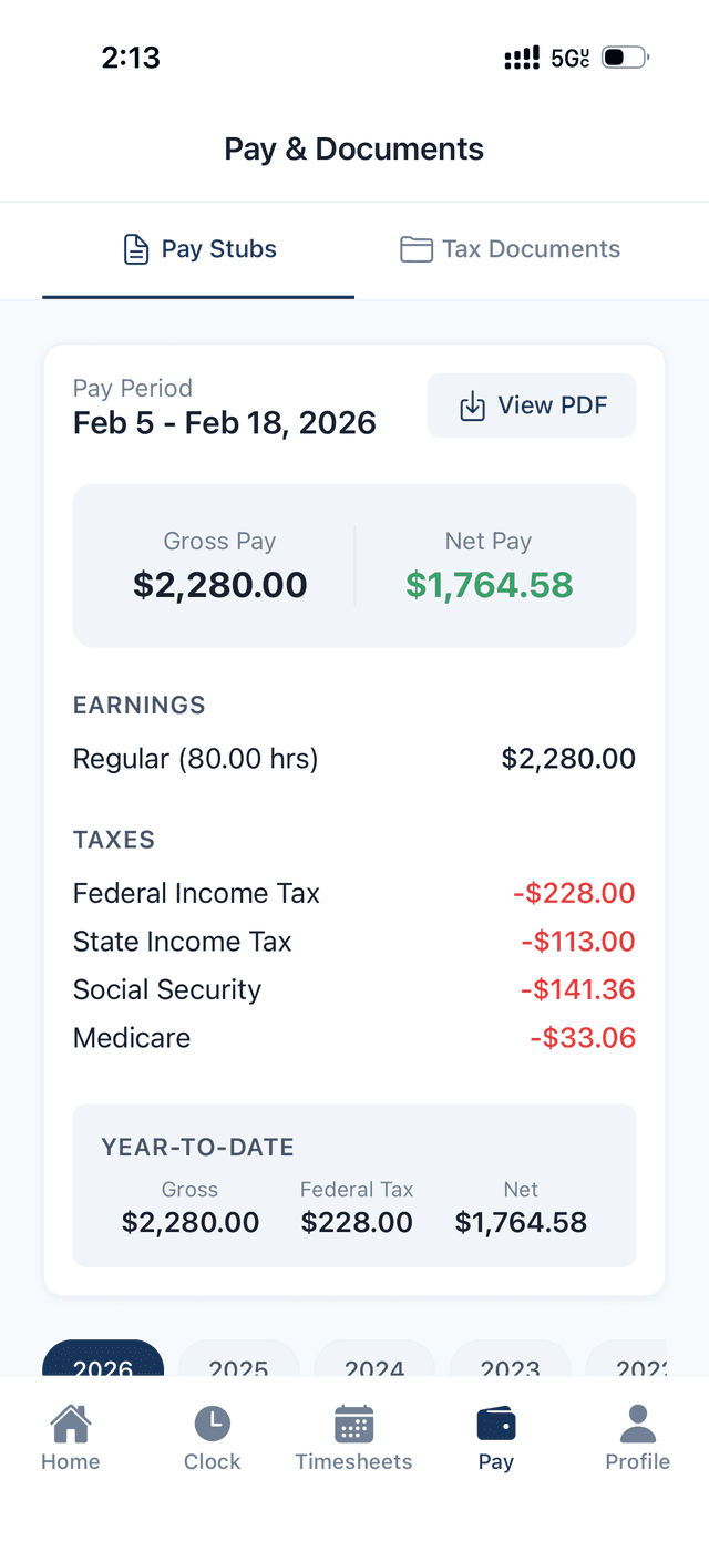 Pay stub showing $2,280 gross pay with full tax breakdown