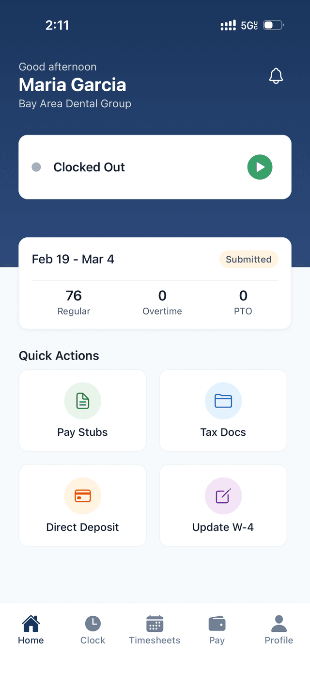 Quick actions for pay stubs, tax documents, direct deposit, and W-4 updates